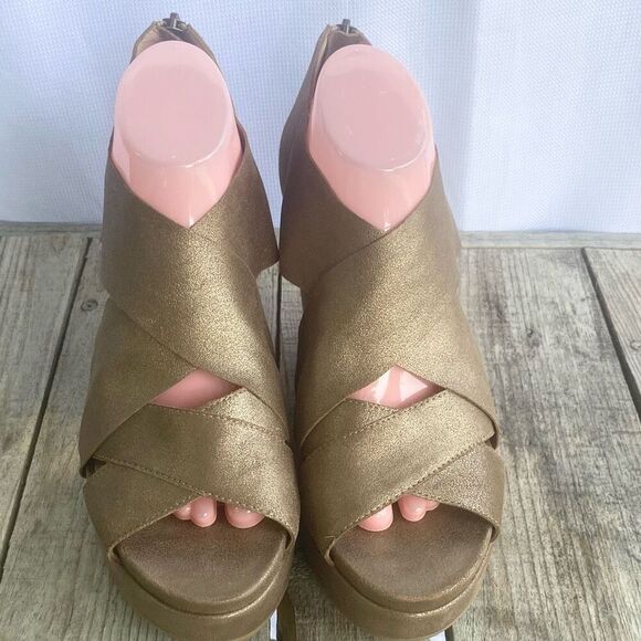 EILEEN FISHER Bella Gold Metallic Leather Suede Platform Wedge Sandal Wm’s Sz 10 - Picture 2 of 10